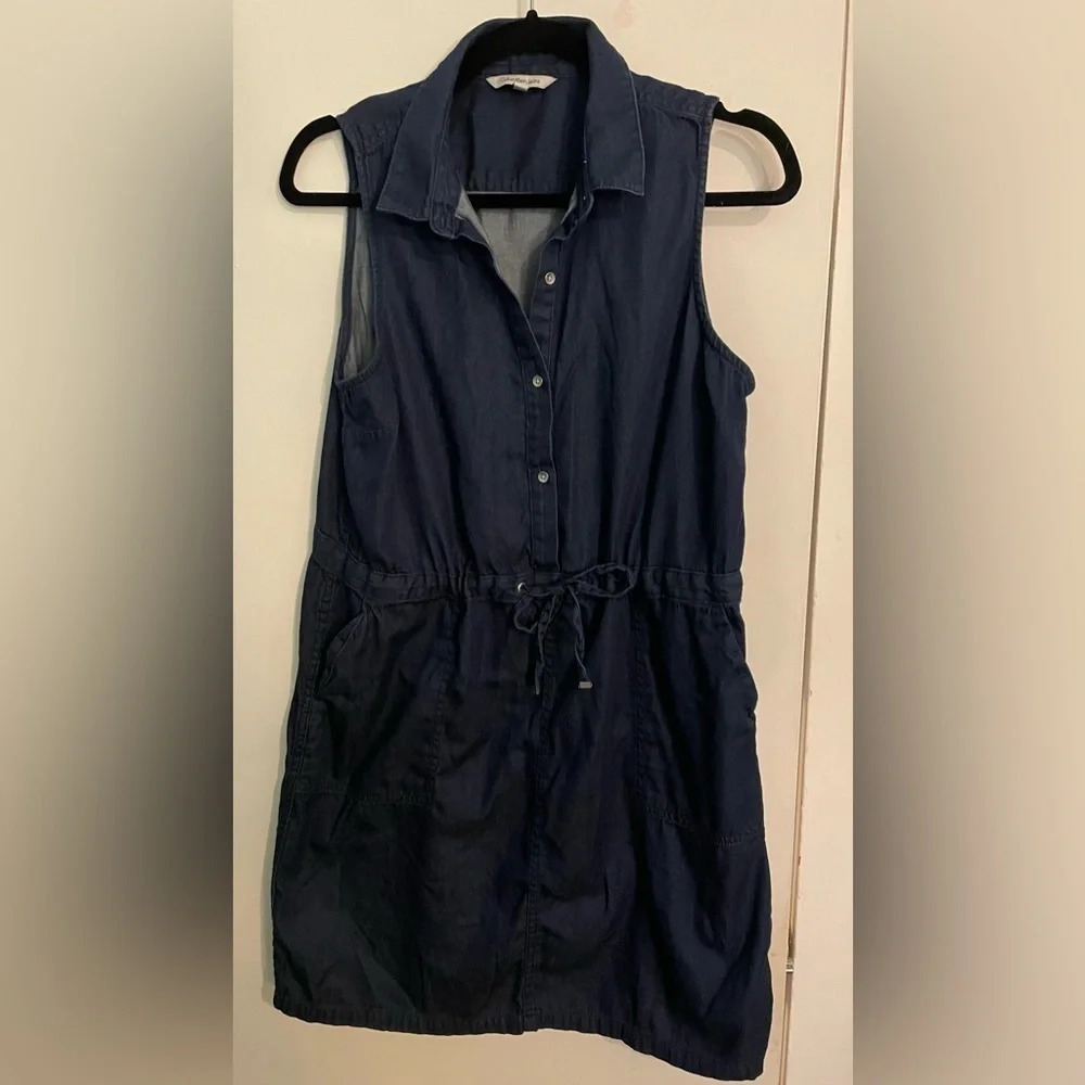 Calvin Klein Jeans Womens Sleeveless Dark Wash‎ Chambray Dress Pockets Sz Medium